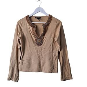 INC Mustard Gold Beaded Long Sleeve Slit Front Sweater / Knit Top - M